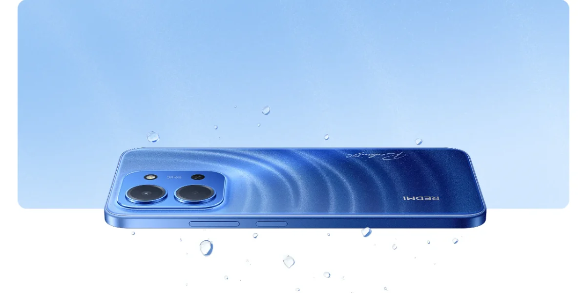 Redmi 15C azul com gotas de água, resistência IP64