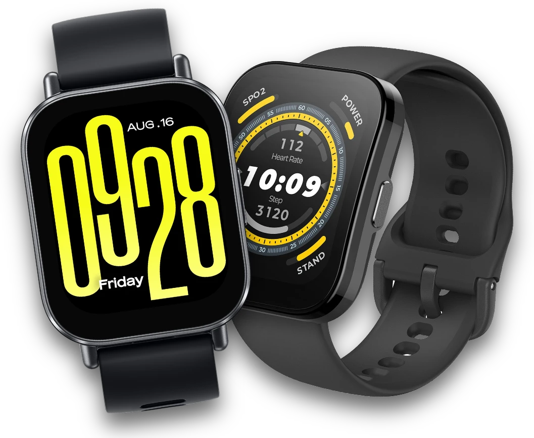 Smartwatch Redmi Watch 5 Active e Amazfit Bip 5 lado a lado